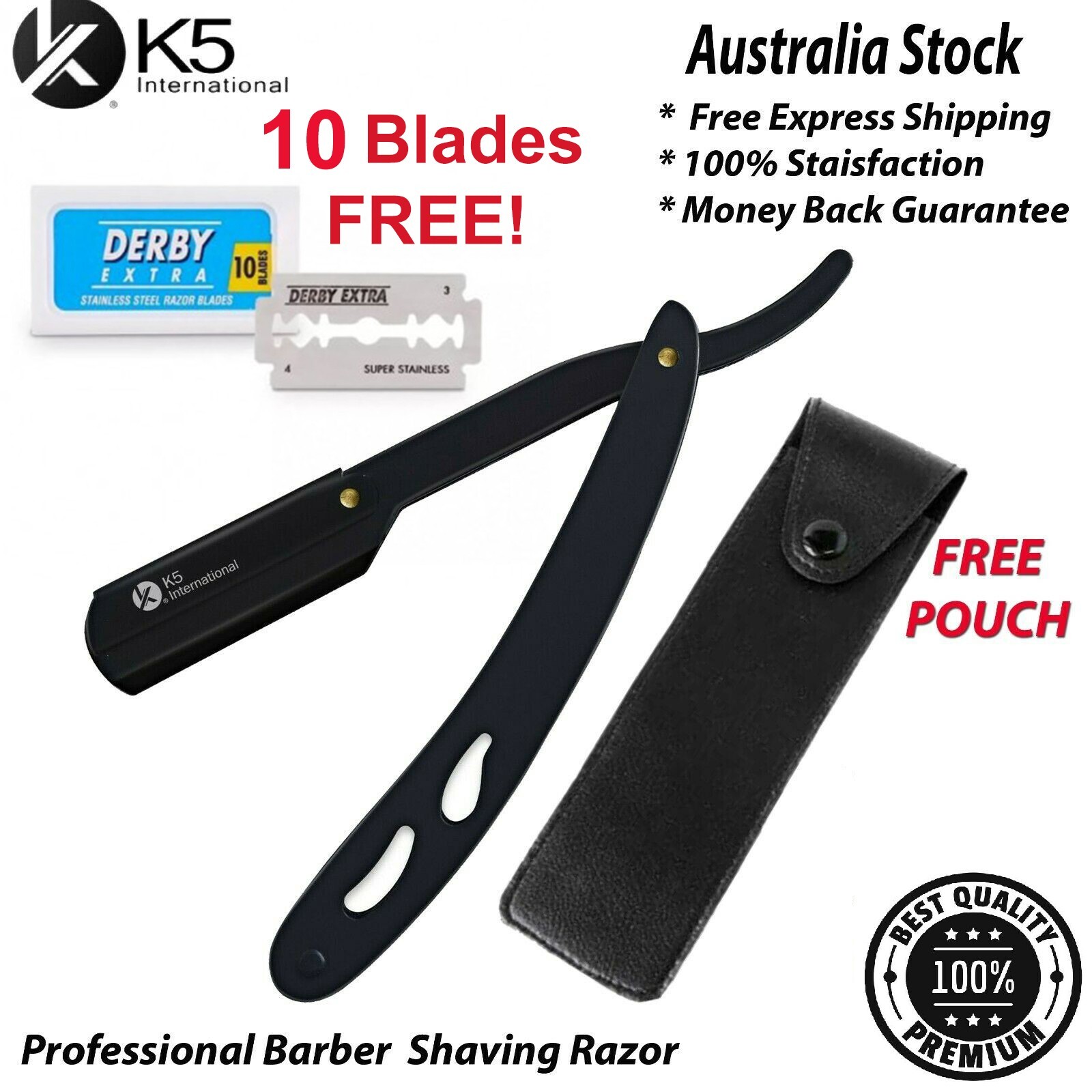 K5 International Black Cut Throat Razor Shavette 10 Blades Non-Slip Grip 18 cm