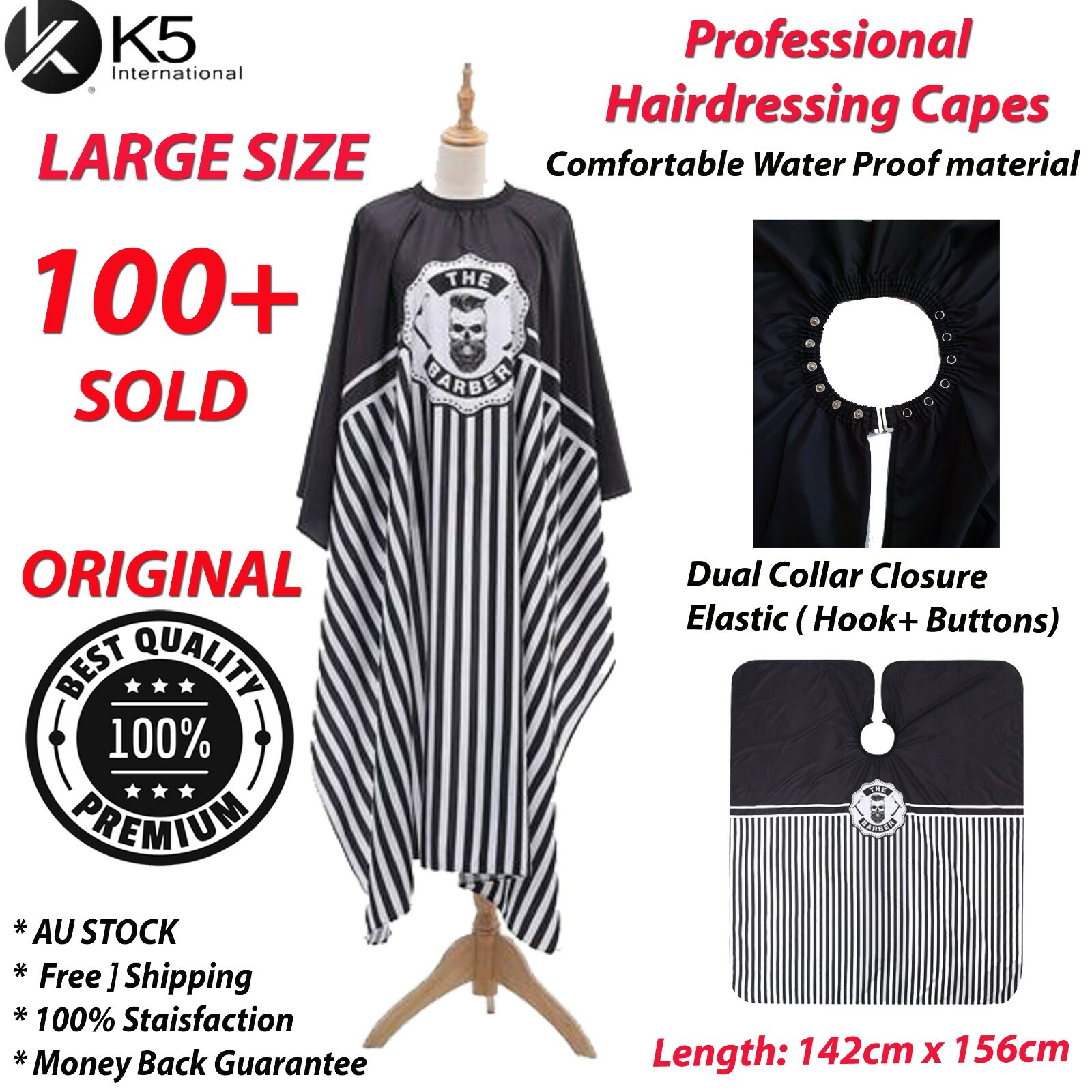 K5 International Hair Cutting Cape XL Black White Pongee Dual Collar Waterproof