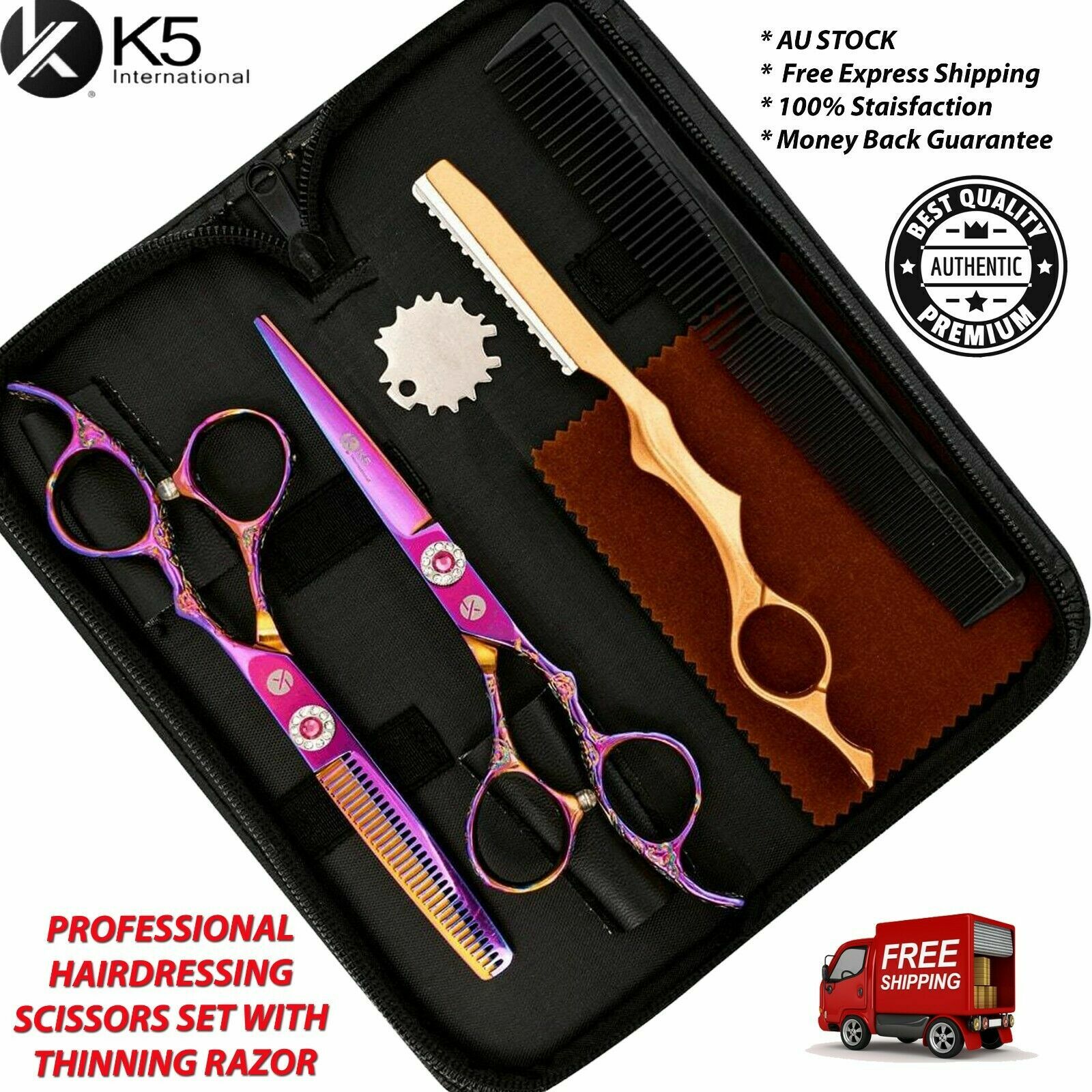 K5 International Barber Hair Scissors Set 6 Stainless Steel Thinning Finger Rest