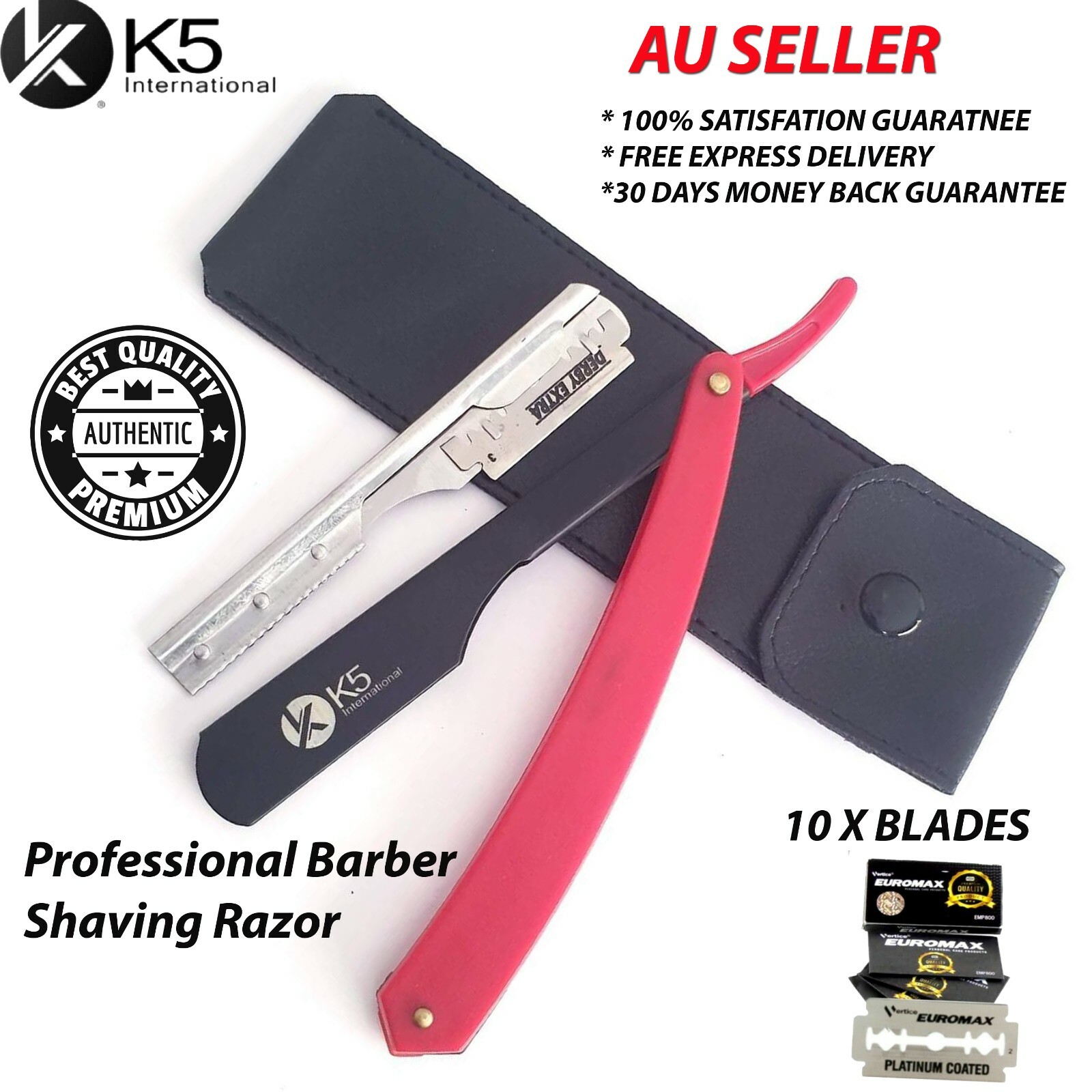 K5 International Shavette Straight Cut Throat Razor Black&Pink 10 Blades Barber