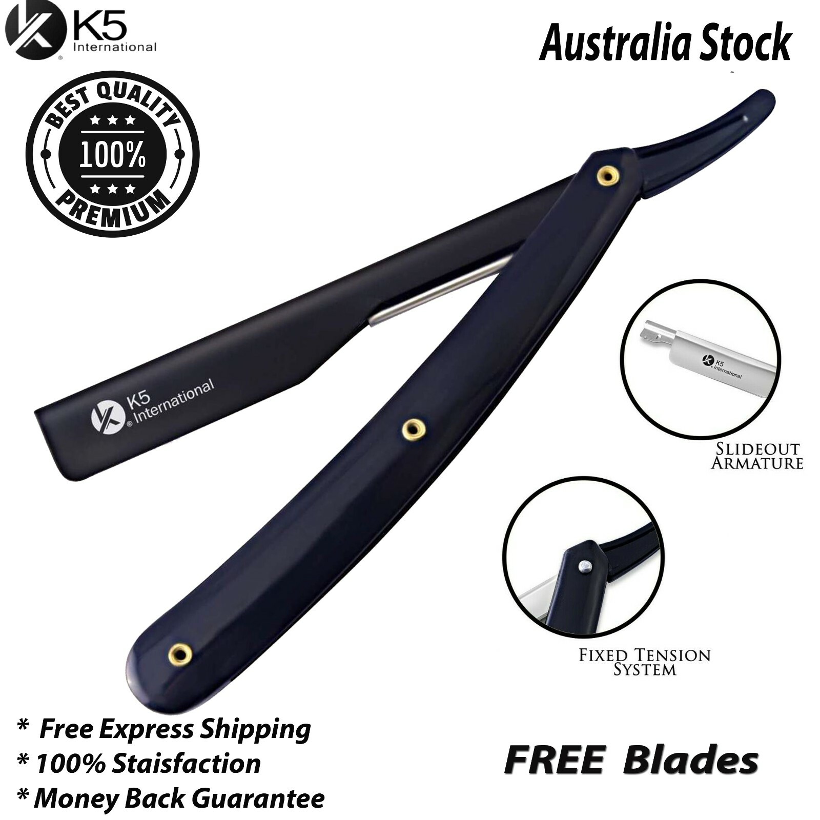 K5 International Barber Shavette Straight Cut Throat Razor Black Sliding Model