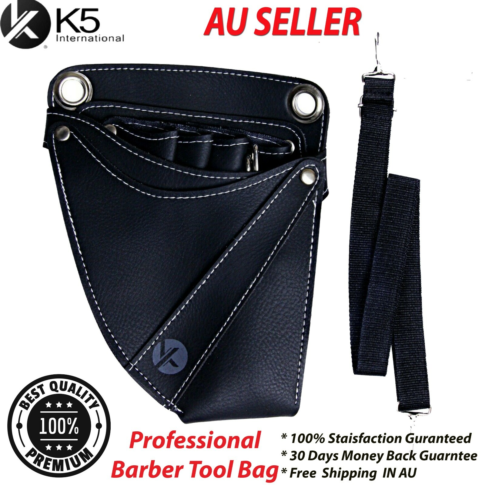 K5 International Barber Scissors Bag Holster PU Leather Black 27 Adjustable Belt