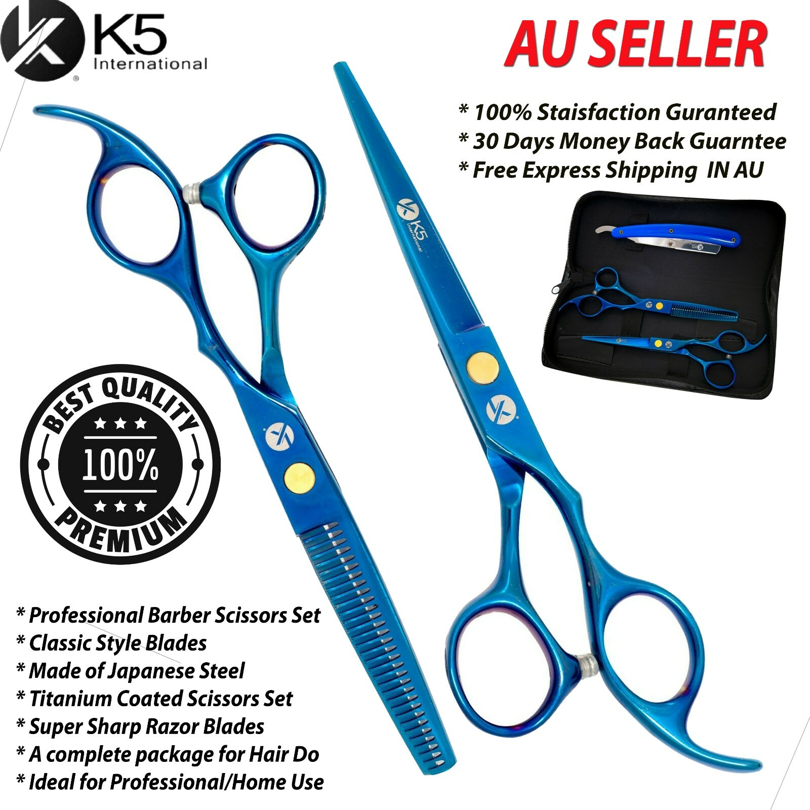 K5 International Barber Hair Scissors Japanese Stainless Steel 5.5 Inches Blue