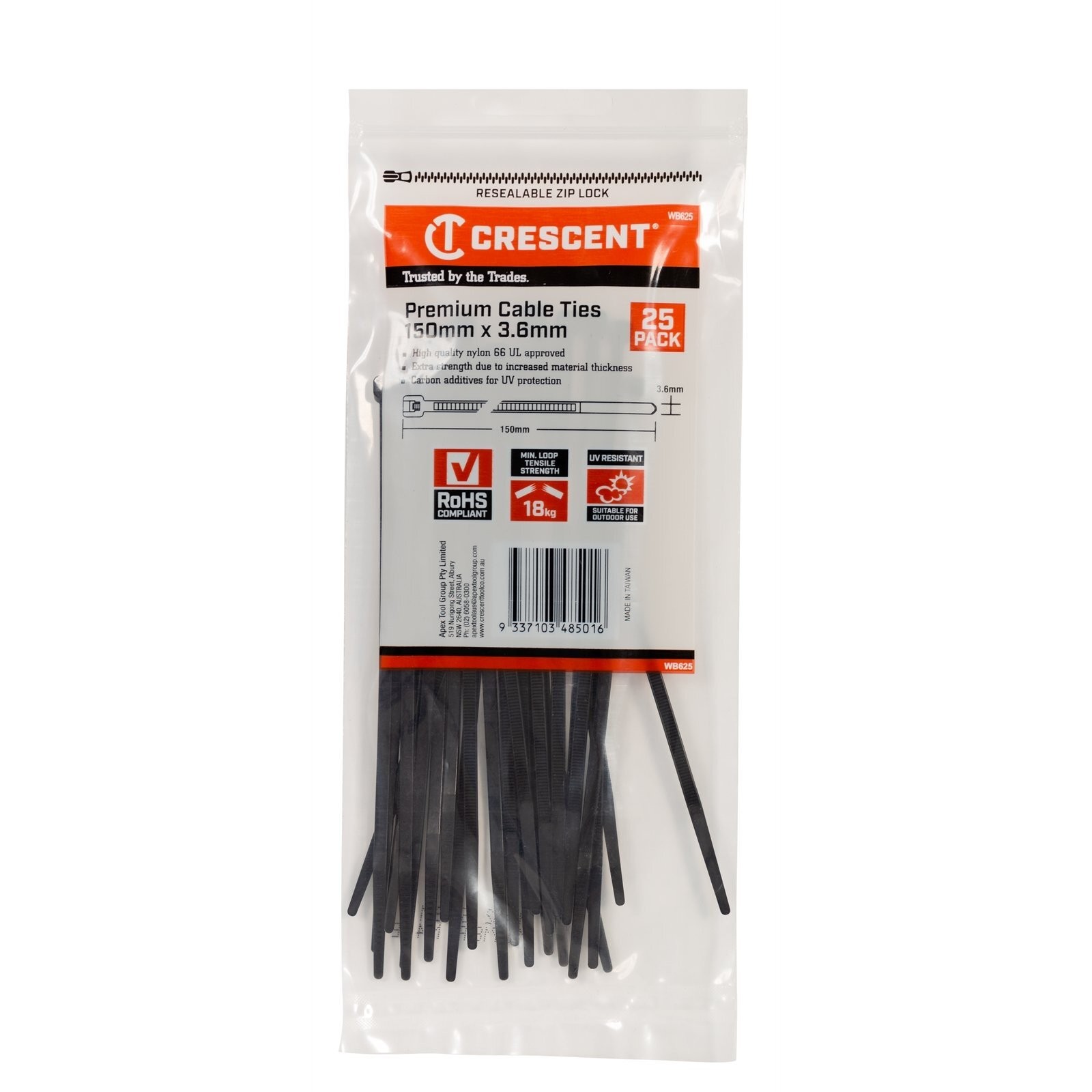 Crescent 150 x 3.6mm Black Cable Ties 4 pcs Car Wiring Adapter