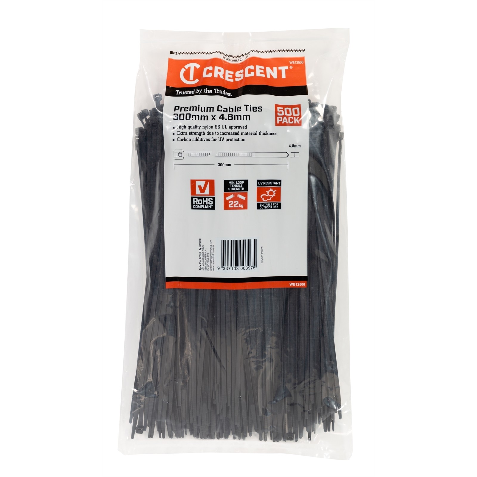 CRESCENT 300mm x 4.8mm Black Cable Ties - 500 pieces Car Wiring Adapter